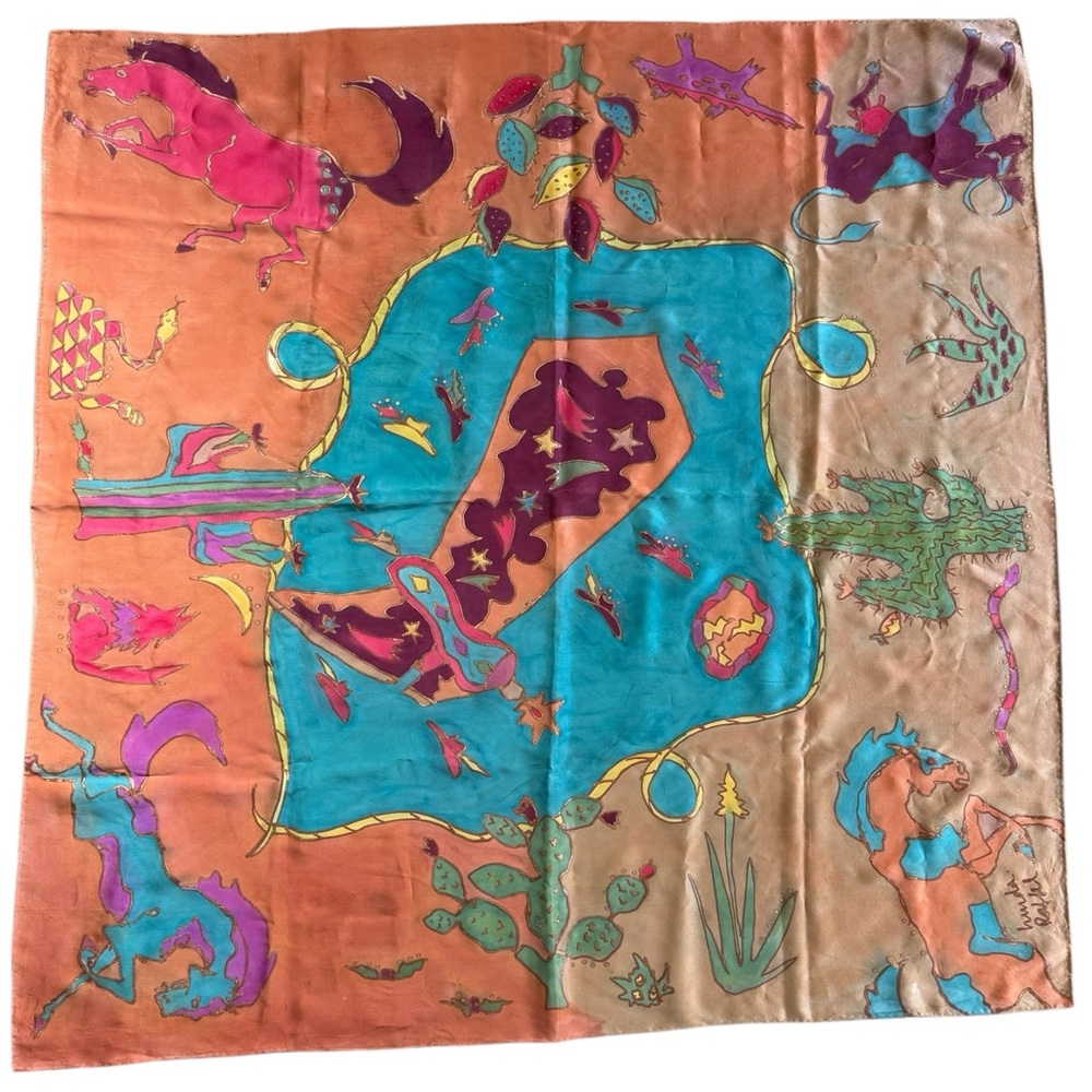 Colorful 42” Silk Scarf with Southwest Equestrian Design Signed